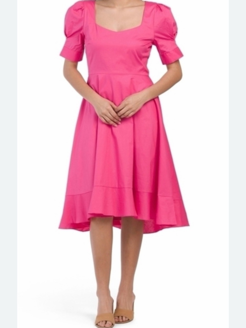 BCBGeneration Hot Pink Square Neck Puff Sleeve High-Low Dress